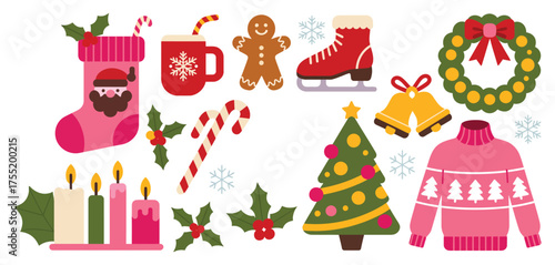Collection of festive Christmas icons, including stocking, gingerbread men, holiday sweater, hand-drawn vector illustrations, winter holiday decorations, seasonal festive graphics, Xmas clipart set fo