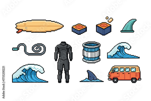 Retro pixel art collection of surfing equipment and ocean waves elements. Vector illustration