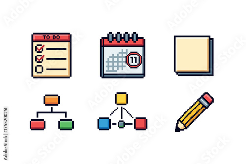 Pixel art stationery icons: notepad, calendar, sticky notes, flowchart, pencil. Vector illustration