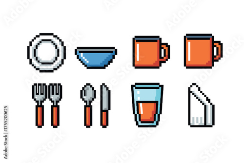 Pixel art tableware set with dishes, mugs, cutlery, napkin, and glasses. Vector illustration