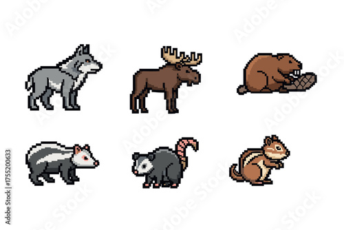 Pixel art wildlife collection featuring wolf, moose, beaver, skunk, opossum, and chipmunk. Vector illustration
