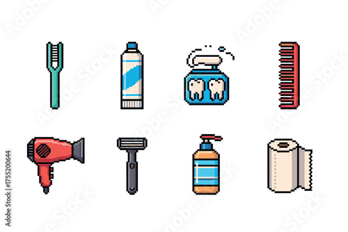 Pixel art: daily bathroom essentials with toothbrush, toothpaste, soap, comb, hairdryer, razor, lotion, toilet paper. Vector illustration