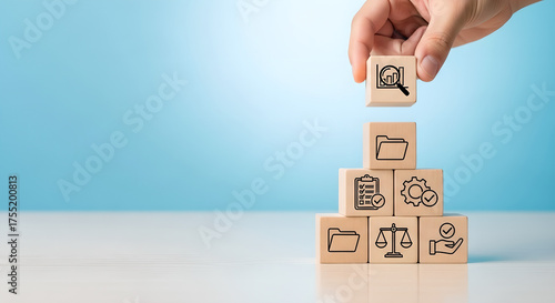 Business Process Management Data Analysis Strategic Planning Hand Blue Background Copy Space