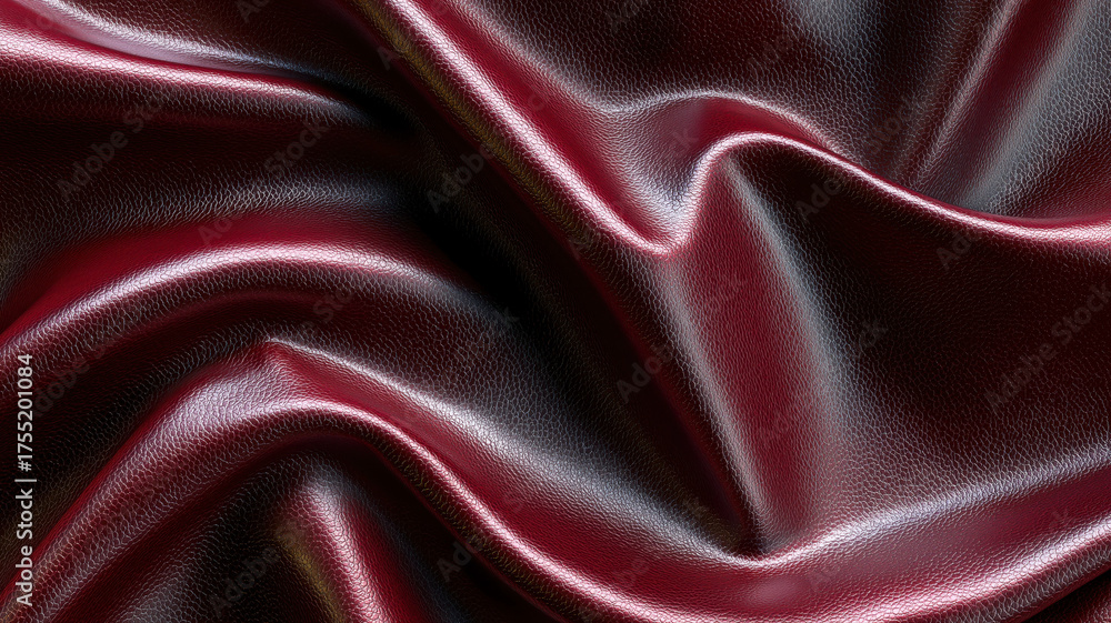 Fototapeta premium Close-up of shiny burgundy leather material with smooth folds and reflections, ideal for backgrounds, fashion design, and product mockups. 