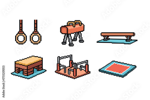 Pixel art gymnastics equipment set including rings, pommel horse, and balance beam. Vector illustration