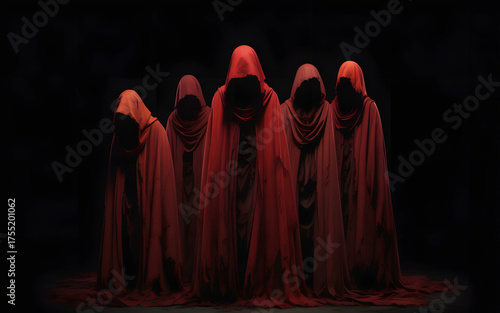 Mysterious figures in red cloaks stand in a dark void, a haunting and enigmatic presence.