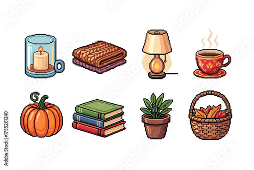 Cozy autumn elements: candle, blanket, lamp, coffee, pumpkin, books, plant, basket of leaves. Vector illustration