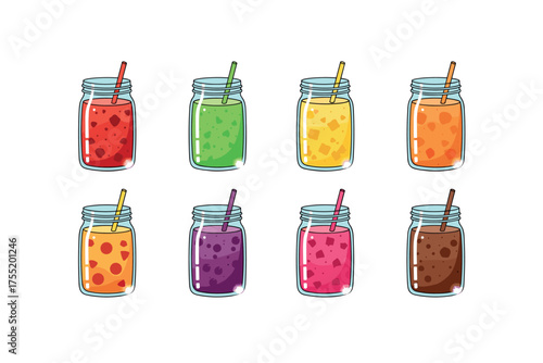 Colorful fruit smoothies in jars with straws variety of flavors and colors. Vector illustration