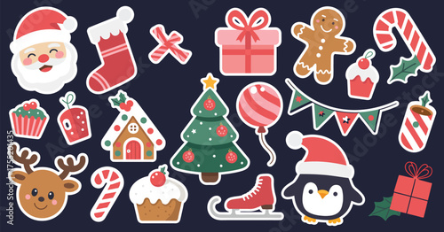 Festive winter holiday stickers collection, vector illustrations of Santa Claus, penguin, deer, gifts, gingerbread, New Year and Christmas design elements, hand-drawn cartoon graphics set.