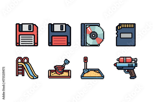 Retro technology and playground icons: floppy disks, cd, slide, sandbox, water gun. Vector illustration