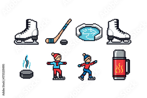 Pixel art ice skating and hockey winter icons with skates and gear. Vector illustration