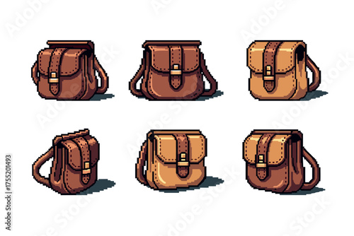 Pixel art brown leather satchels with buckles and straps in various angles. Vector illustration