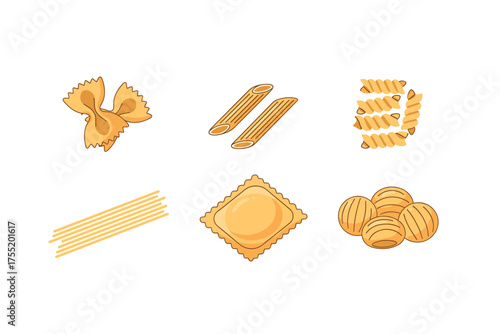 Assorted pasta shapes including bow tie fusilli and ravioli on white background. Vector illustration