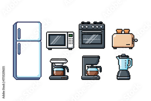 Pixel art home appliances set featuring refrigerator, microwave, and blender. Vector illustration