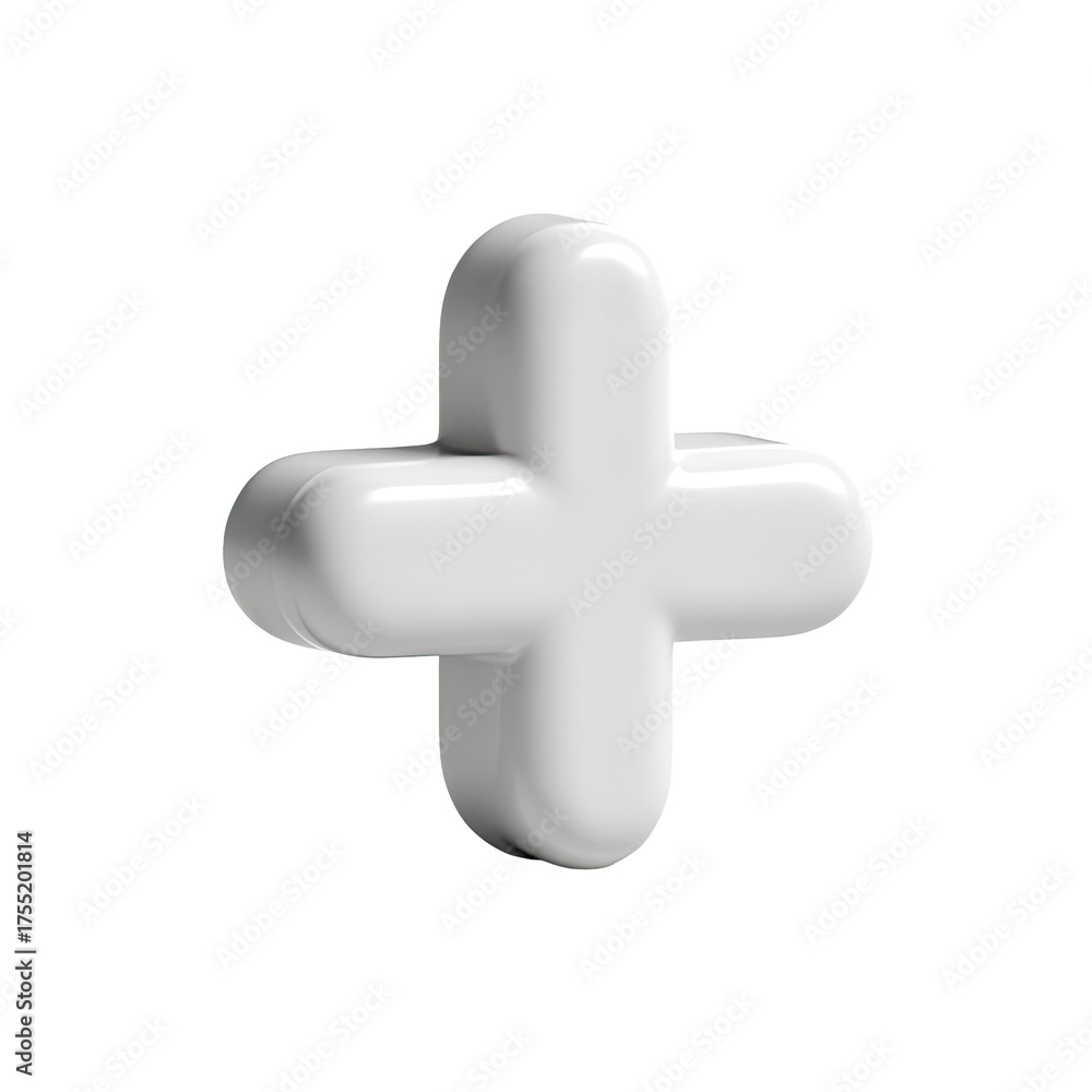Obraz premium A three-dimensional, matte-white plus symbol rendered with soft, rounded edges and subtle shadowing, suggesting a plastic or resin material