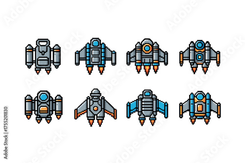 Pixel art spaceships and jetpacks collection with engines and thrusters on white background. Vector illustration