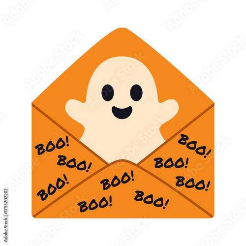 Orange Halloween envelope with a cute ghost inside and black “Boo” text. Fun and spooky design for party invitations, card or festive decorations. Flat vector. Hand drawn.