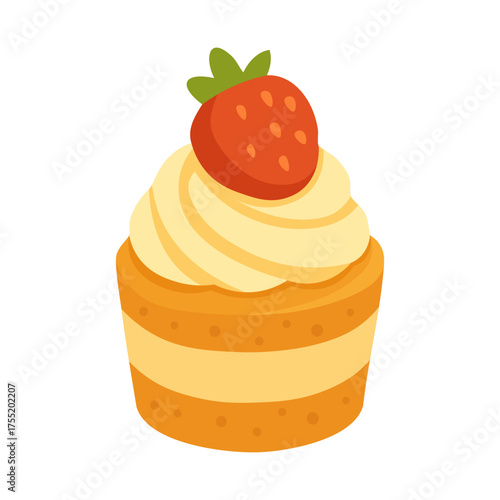 Flat vector illustration of a cupcake with cream topping and strawberry, sweet dessert design, isolated on white background.