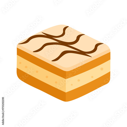 Flat vector illustration of a layered cake with chocolate decoration, sweet dessert design, isolated on white background.