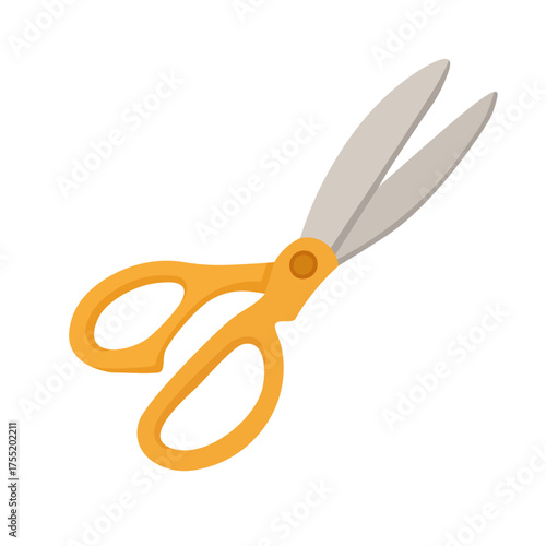 Flat vector illustration of metal scissors with orange handle, simple minimal design, isolated on white background.