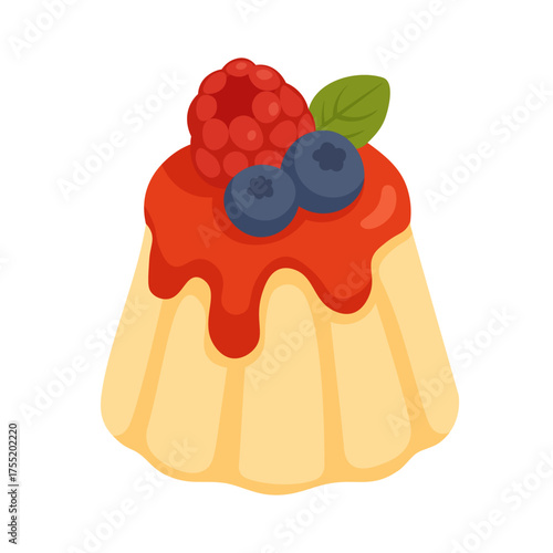 Flat vector illustration of a pudding dessert with red syrup, raspberry, blueberry, and leaf, cute sweet design, white background.