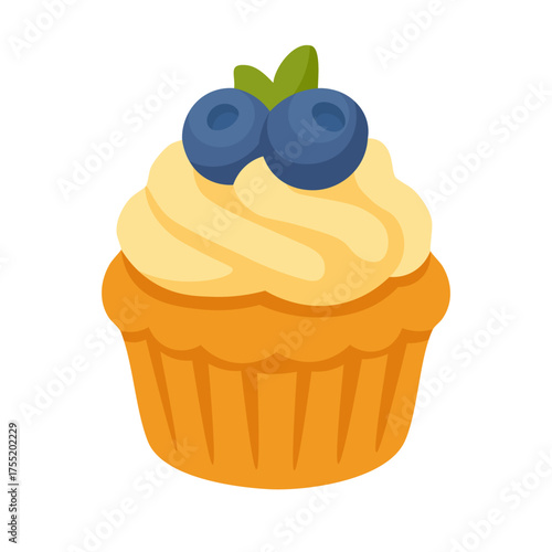 Flat vector illustration of a cupcake with cream topping and blueberries, cute sweet dessert, isolated on white background.