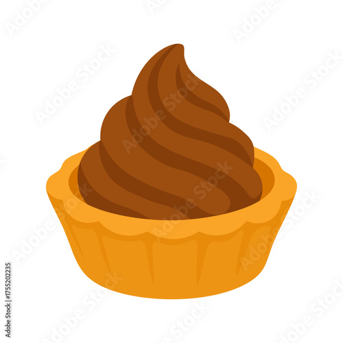 Flat vector illustration of a chocolate tart with cream swirl, sweet dessert design, isolated on white background.