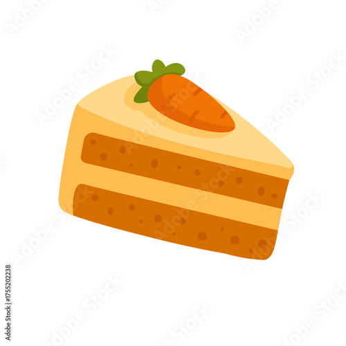Flat vector illustration of a carrot cake slice with cream topping, sweet dessert design, white background.