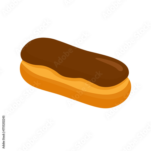 Flat vector illustration of a chocolate eclair dessert with glaze topping, cute sweet pastry, white background.