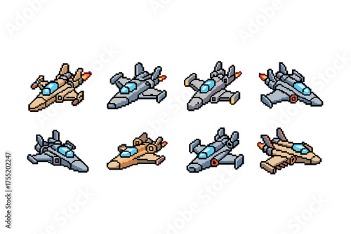 Pixel art spaceships collection with various designs and colors. Vector illustration