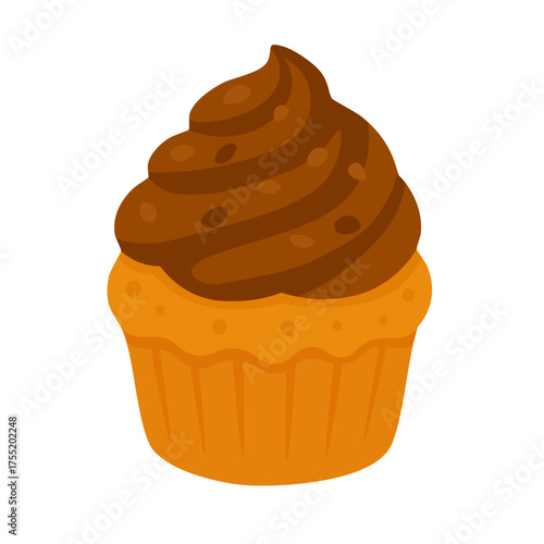 Flat vector illustration of a chocolate cupcake with cream topping, cute sweet dessert, isolated on white background.