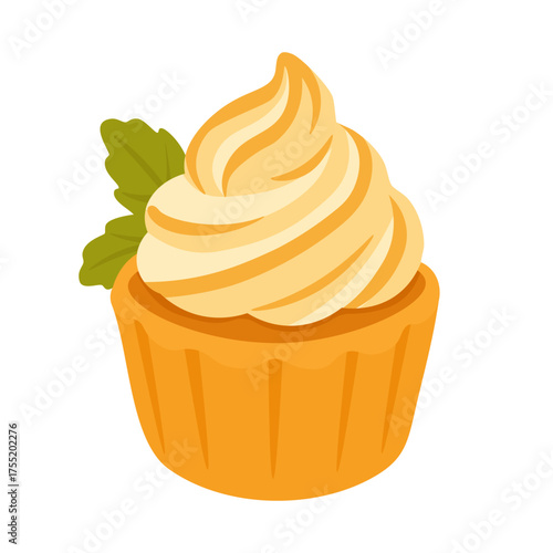 Flat vector illustration of a sweet cupcake with cream topping and leaf decoration, cute dessert design, white background.
