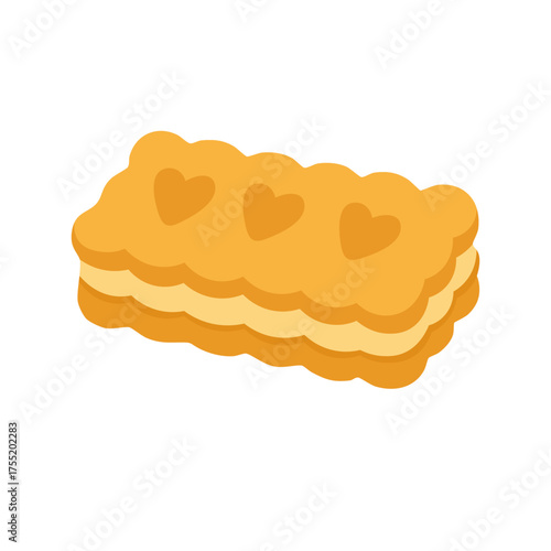 Flat vector illustration of a rectangular cookie with heart shapes and cream filling, cute dessert design, white background.