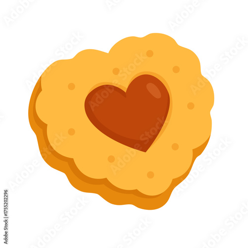 Flat vector illustration of a heart shaped cookie with jam center, cute sweet dessert, white background.