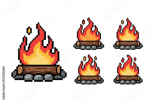 Pixel art campfire with burning flames in different sizes on white background. Vector illustration