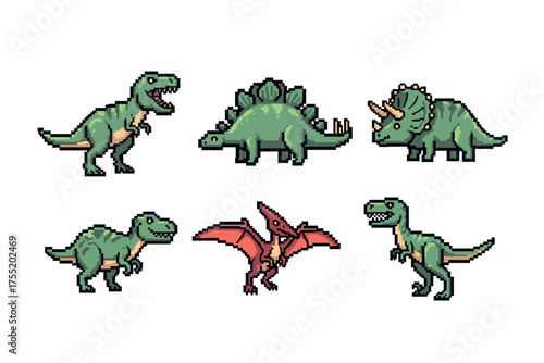 Retro pixel dinosaurs: t-rex, stegosaurus, triceratops, pterodactyl in 8-bit style. Vector illustration