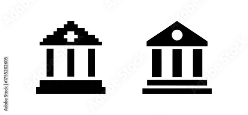 Digital Pixelated Building Icon and Smooth Building Icon in Black on White