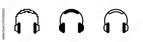 Three Headphones Icons Showing Pixelated, Solid, and Outline Styles