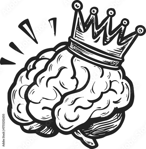 Brain wearing crown hand drawn sketch with radiant lines — stock vector