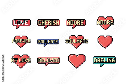 Pixel art heart speech bubbles with romantic expressions and love messages. Vector illustration