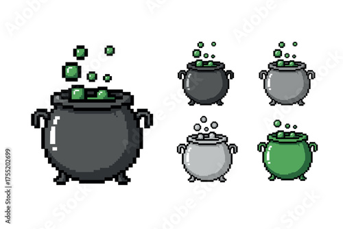 Pixel art witch cauldrons with bubbling green potion in various colors. Vector illustration