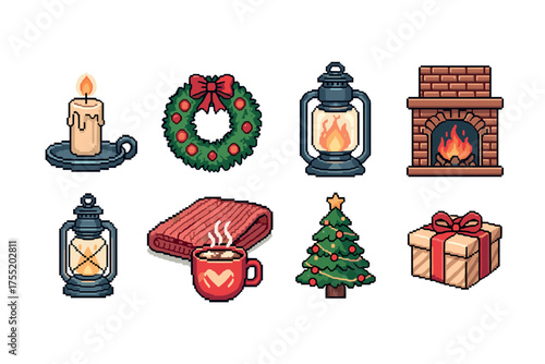 Festive holiday icons: candle, wreath, lantern, fireplace, blanket, mug, tree, gift box. Vector illustration