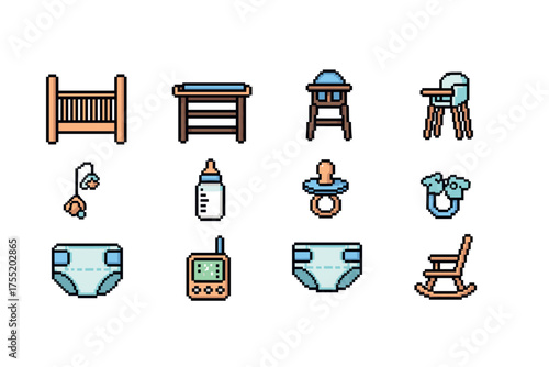 Pixel art baby essentials collection with furniture, bottle, pacifier, diapers, and accessories. Vector illustration