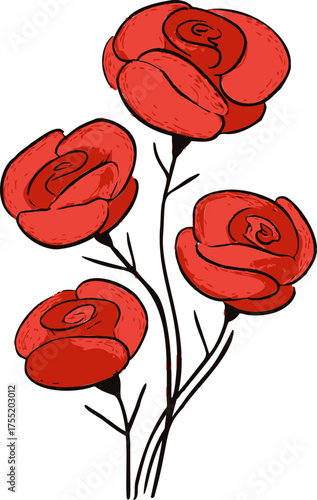 Red roses hand drawn sketch with stems and blooms — stock vector
