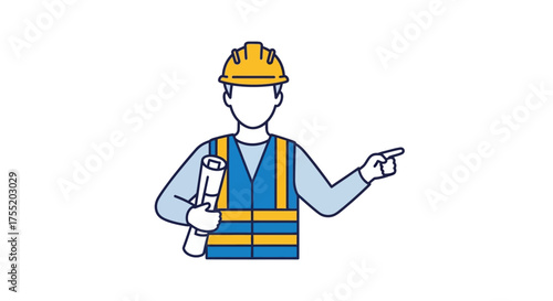 Illustration of a construction worker holding blueprints and pointing to the right.