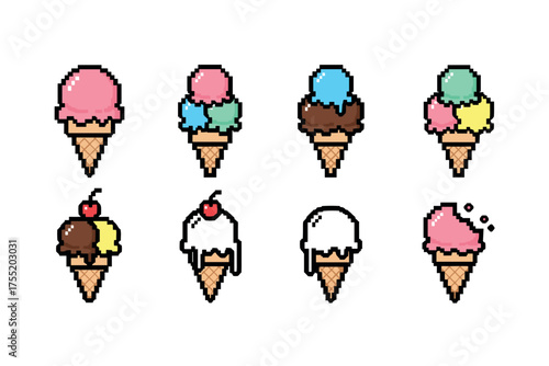 Pixel art ice cream cones with various flavors and toppings on white background. Vector illustration