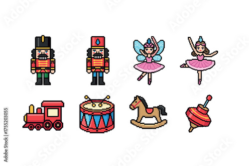 Nutcracker characters and toys in pixel art style: ballet, soldiers, and classic toys. Vector illustration