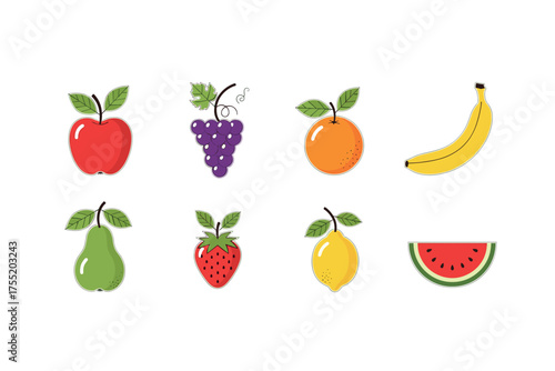Colorful fruit icons set featuring apple, grapes, orange, banana, pear, strawberry, lemon, watermelon. Vector illustration