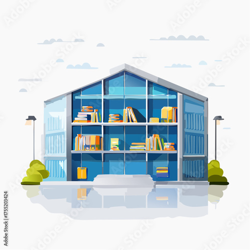 Glass Library Building with Books on Shelves and Green Bushes in Cloudy Day