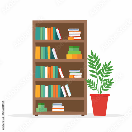 Illustration of Wooden Bookcase with Colorful Books and Green Potted Plant on White Background in Flat Style